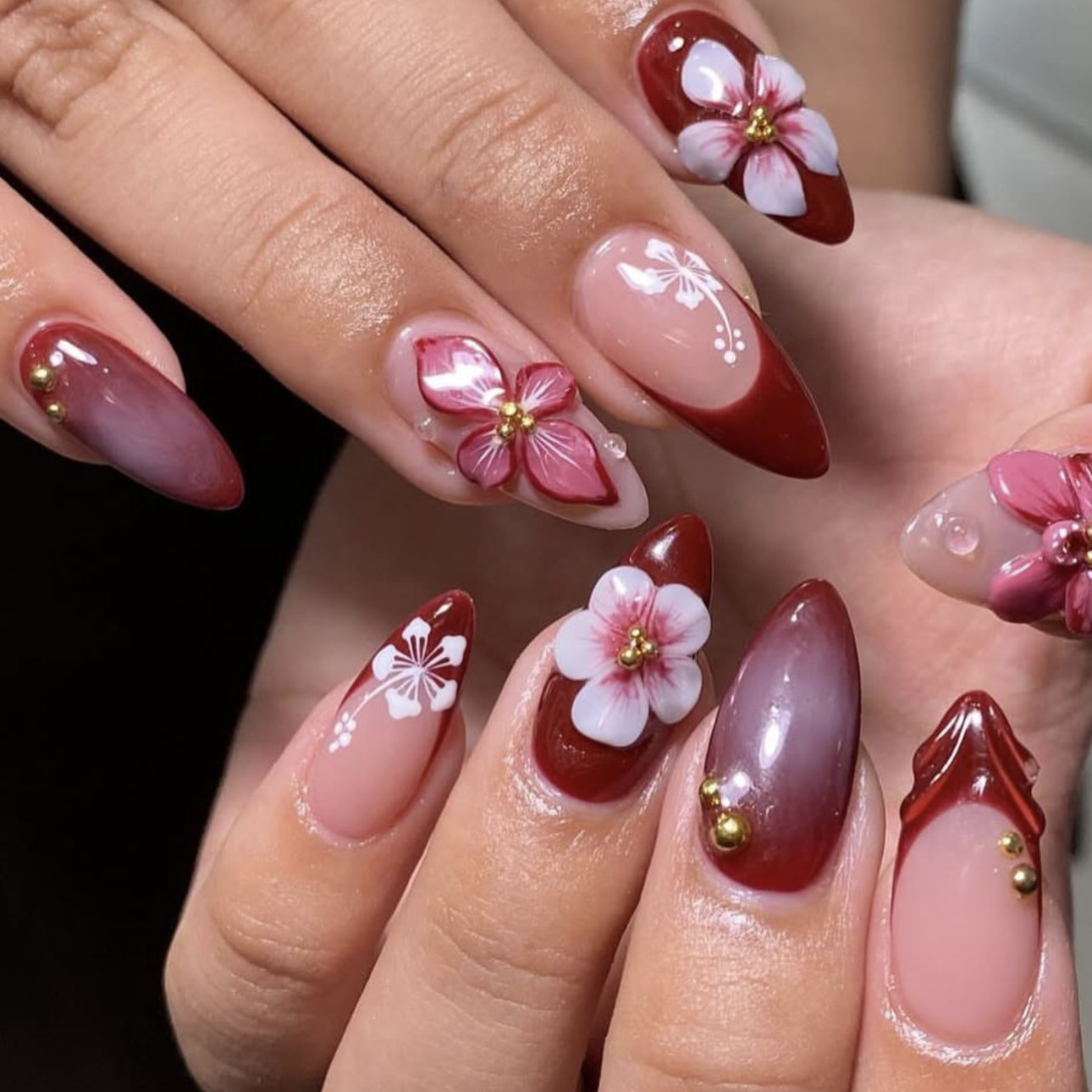 Pressed Flower Art - 24pcs Red French Press on Nails