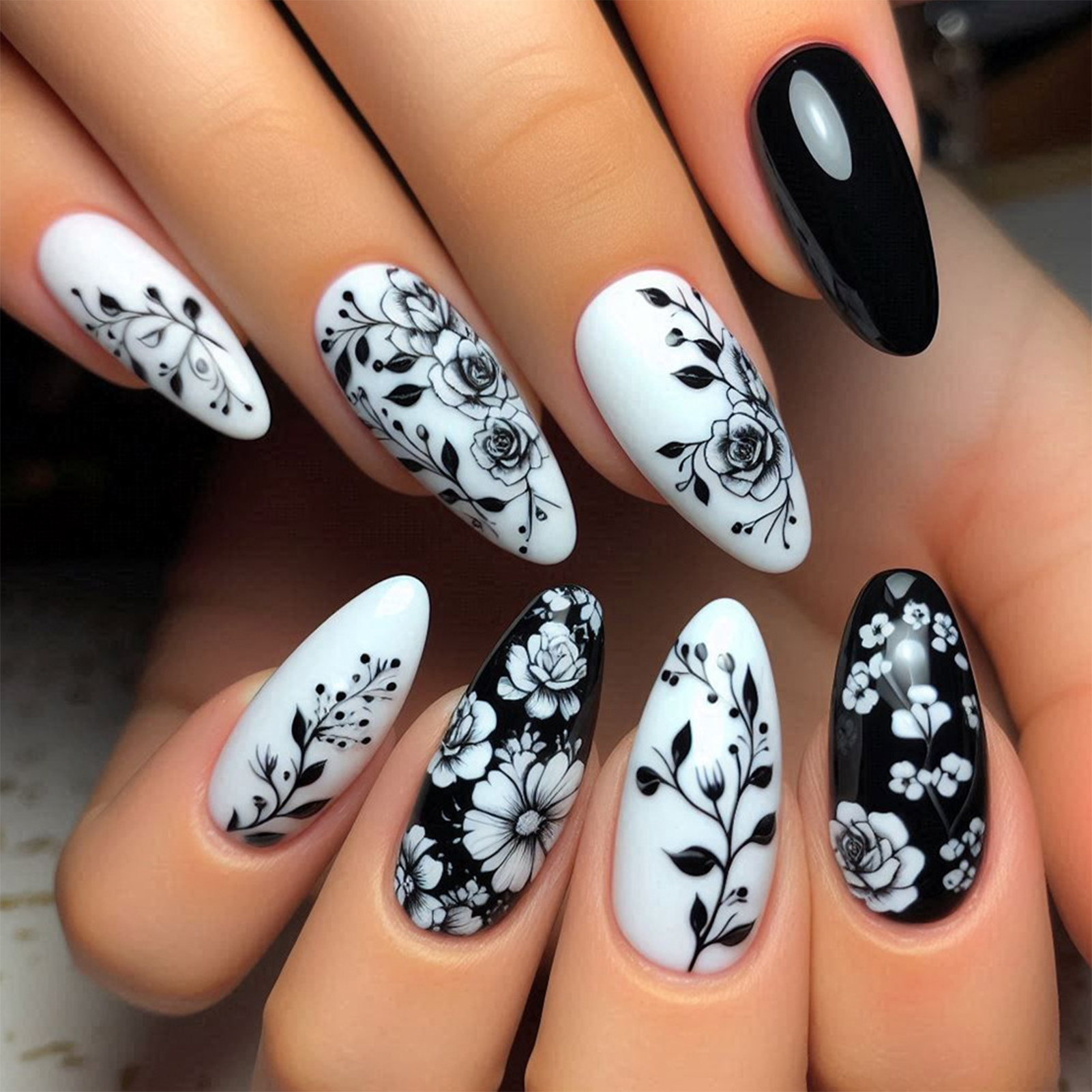 24Pcs Almond Fake Nails Black/ - đánh giá và giá Pressed Flower Art
