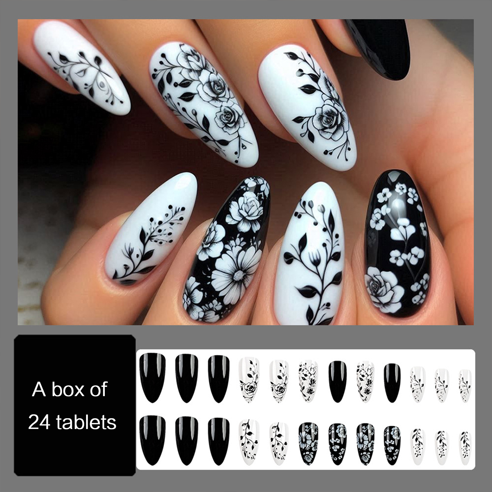 24Pcs Almond Fake Nails Black/ - đánh giá và giá Pressed Flower Art